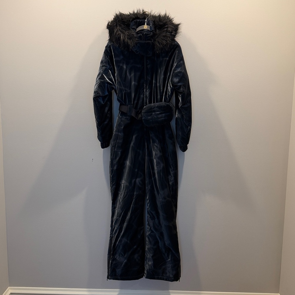 ASOS Navy Belted Ski Suit w/ Faux Fur Hood